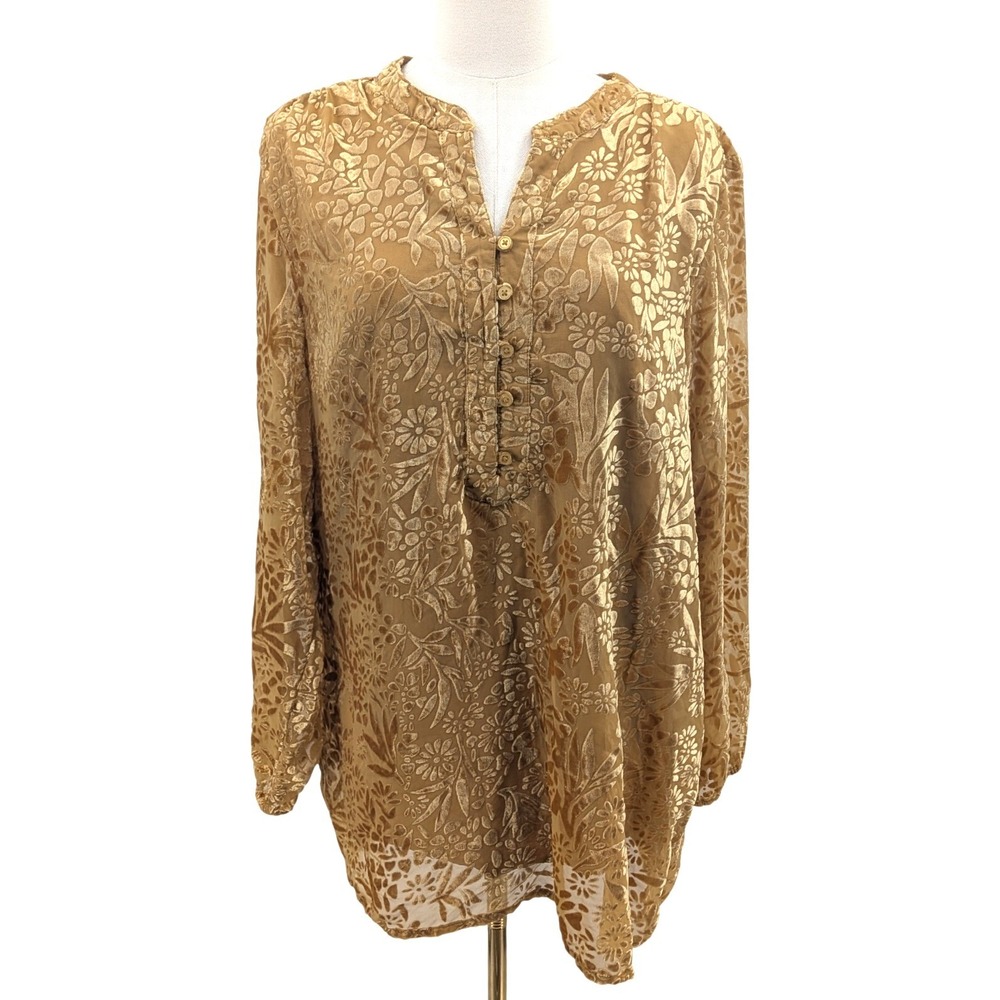 Burnout Velvet Floral Tunic Blouse Sheer Sleeve Lined Boho Brown Gold XL